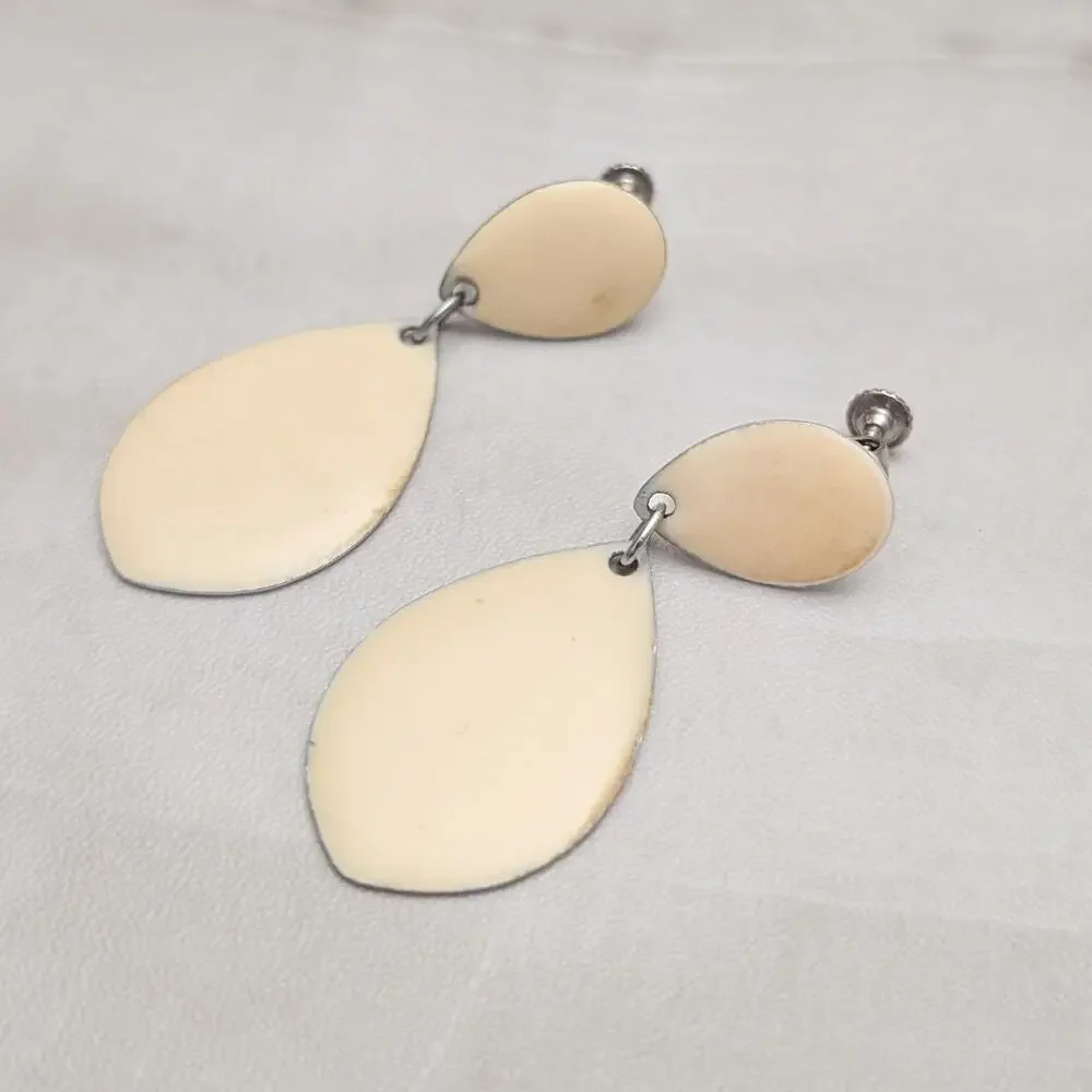 Vintage Napier Clip On Earrings Large Drop Dangle Cream Enamel - Fair Condition